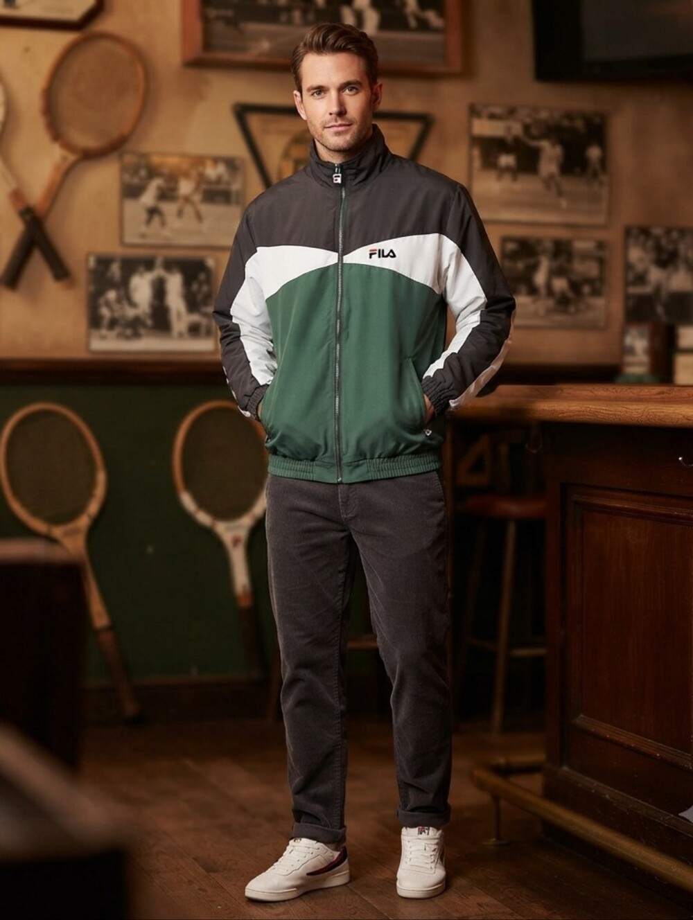 EUC FILA Vintage Men's Green, Black & White Colorblock Windbreaker Jacket